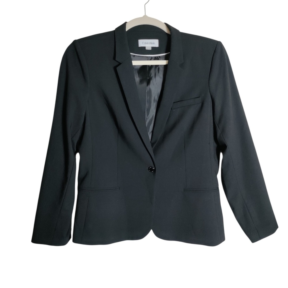 Calvin Klein Womens Black Single Button Blazer‎ Jacket Size 16 Professional